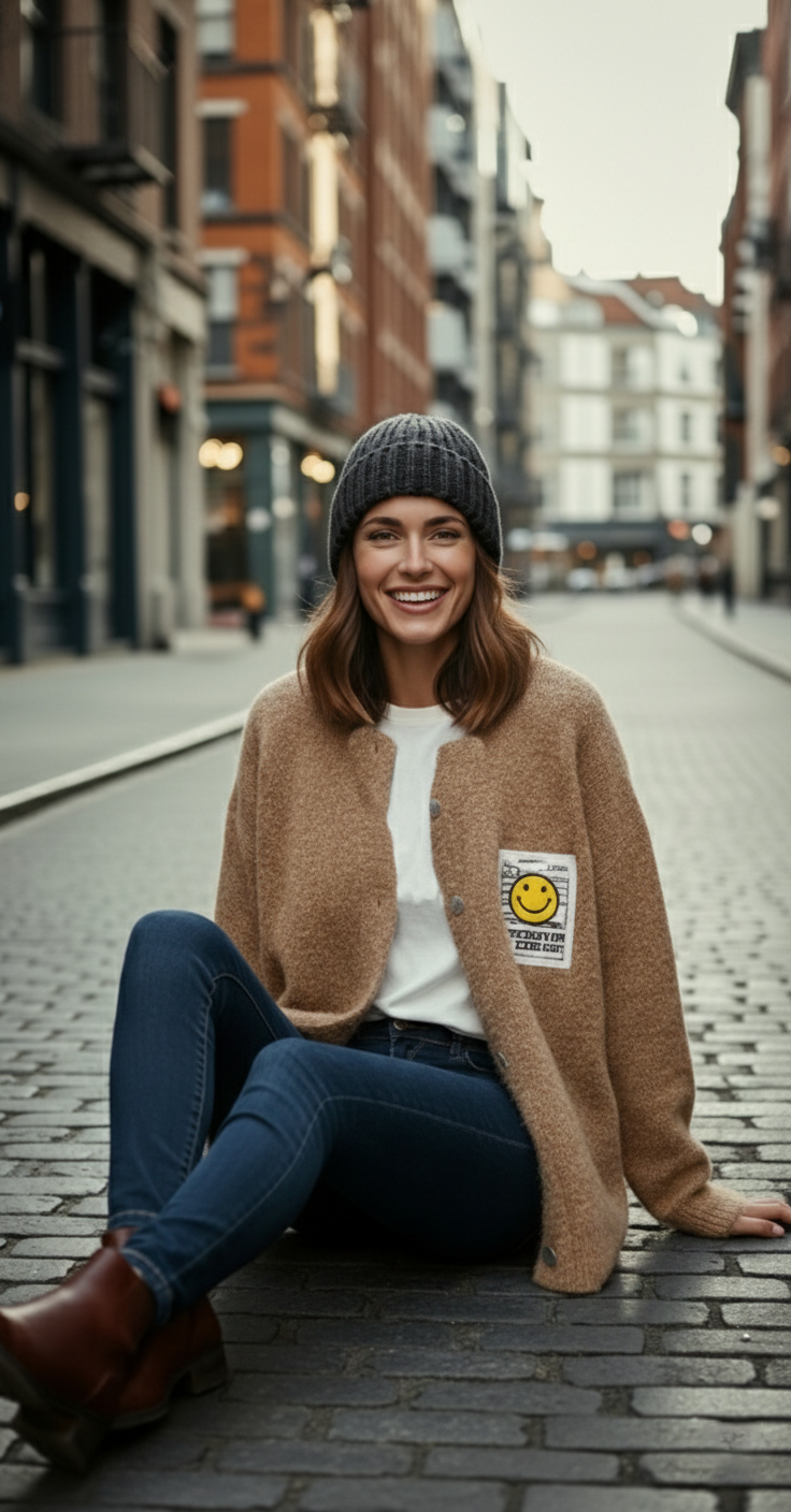 Statement Cardigan mit Smiley-Patch