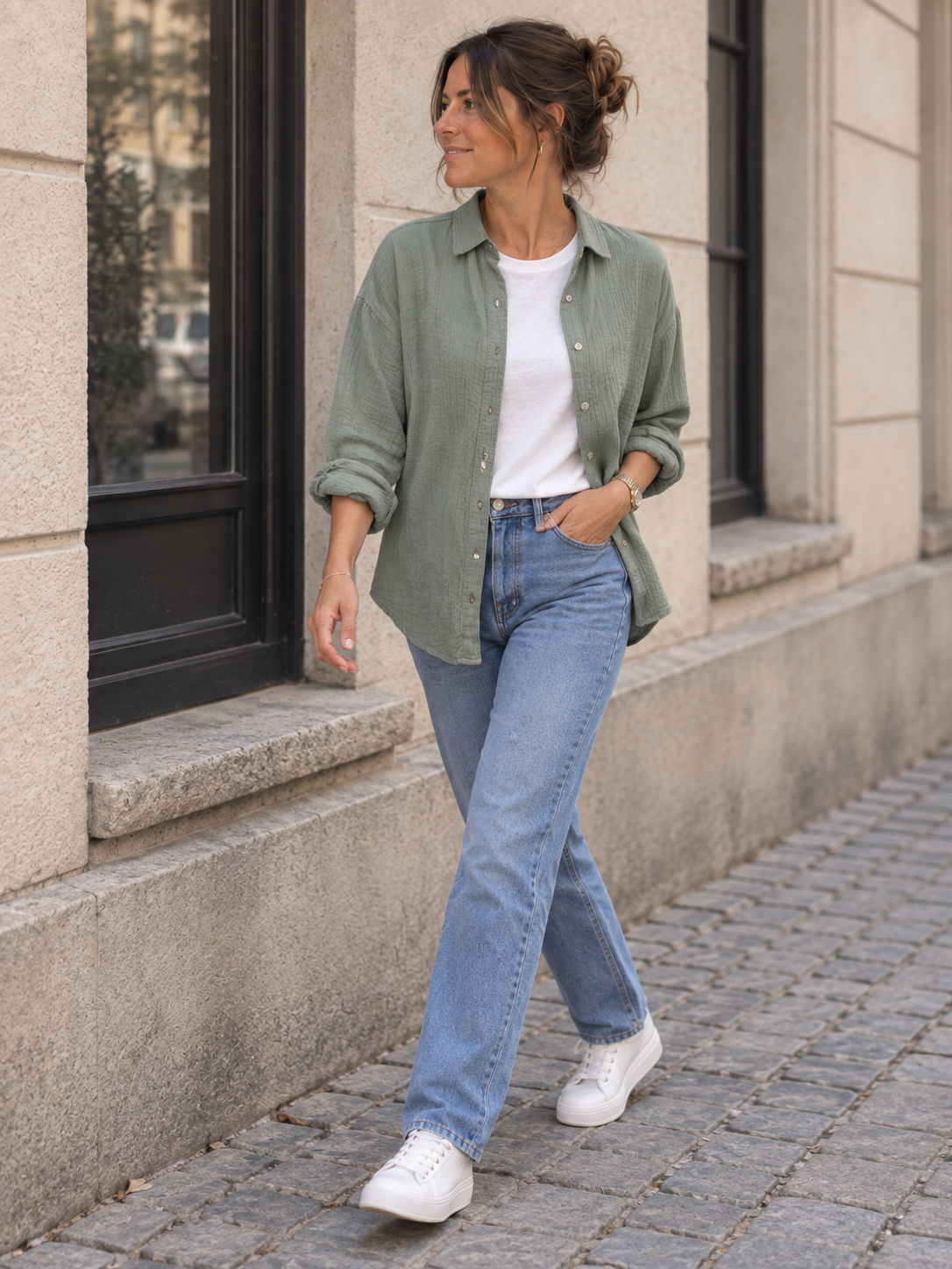 Musselin-Bluse aus Baumwolle in Khaki: Alltagsperspektive in Bewegung