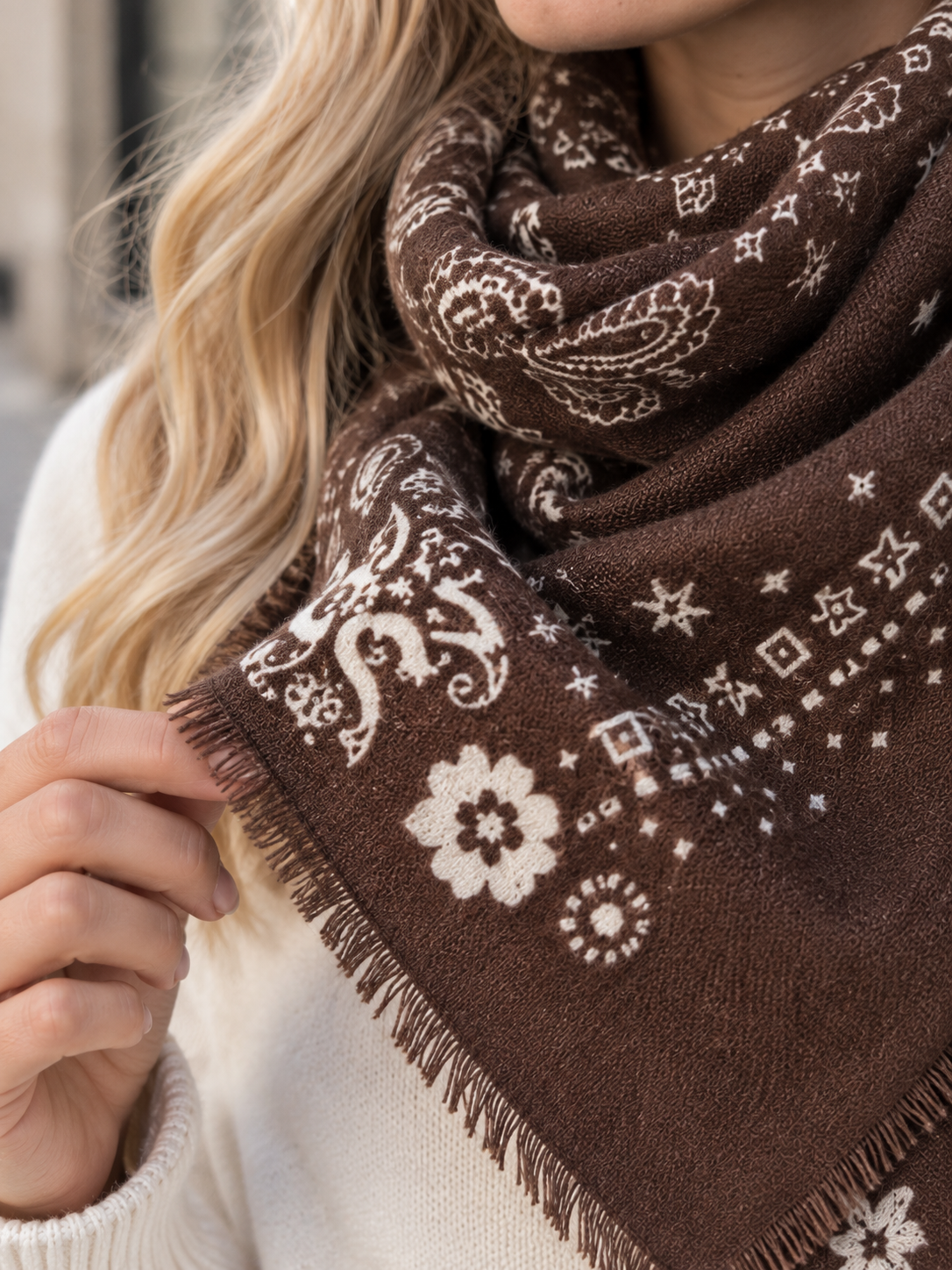 Brauner Paisley-Schal – Detail von Muster, Webstruktur und Fransen
