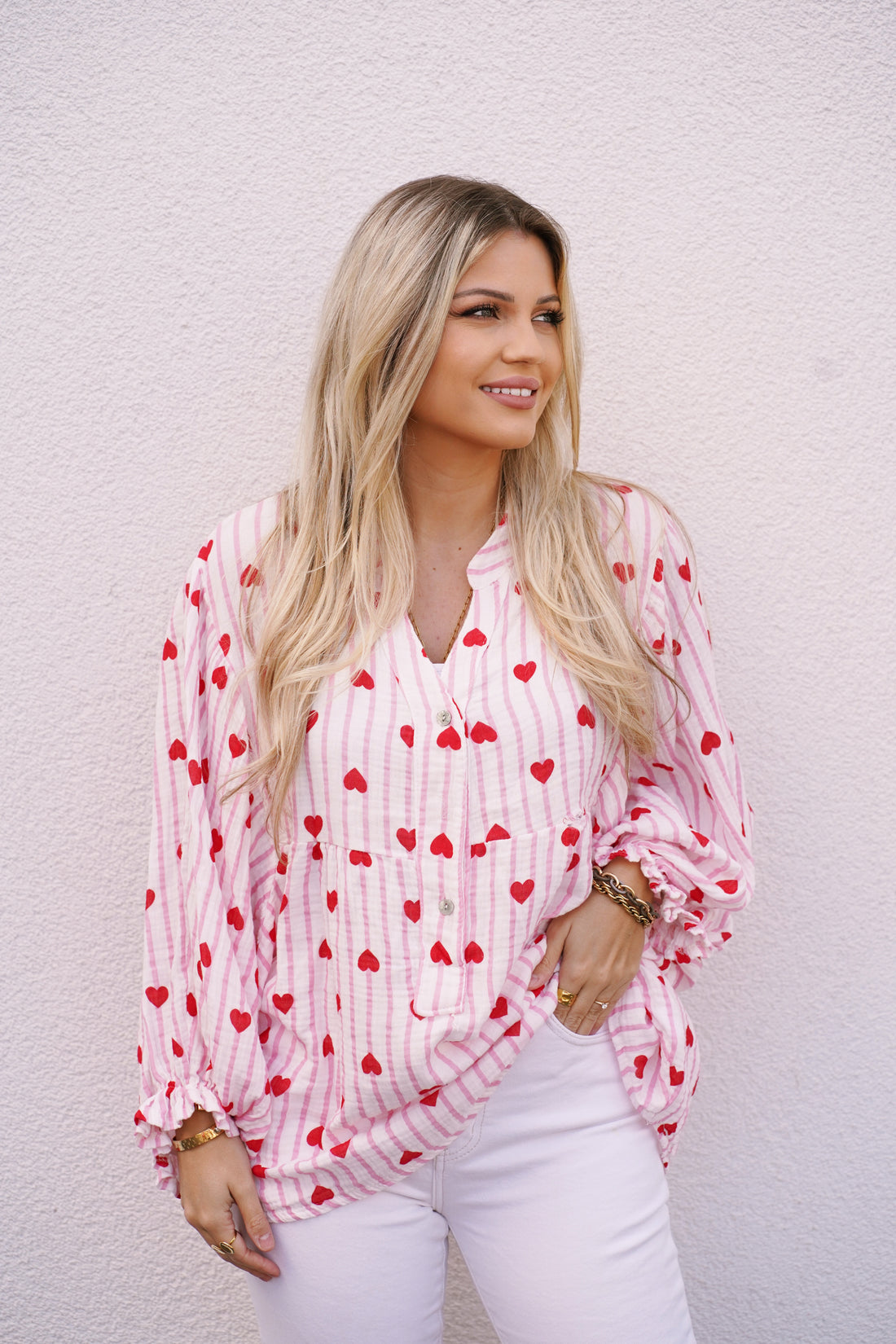 Musselin Tunikabluse gestreift mit Herzen und Raffärmel