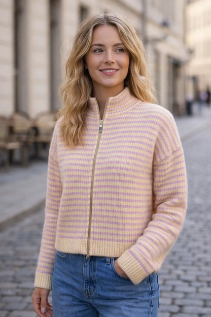 Gestreifter Strickcardigan mit Reißverschluss