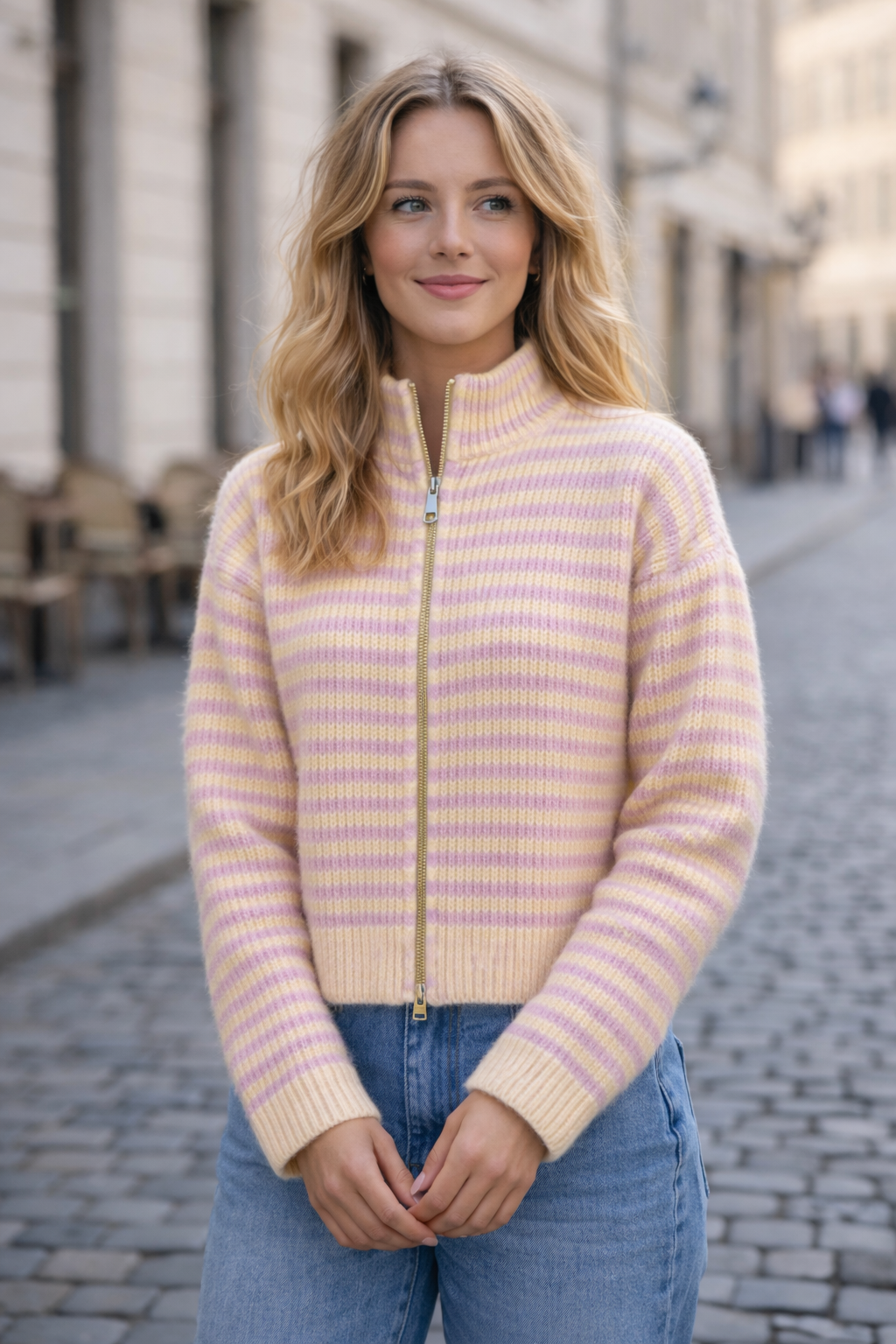 Gestreifter Strickcardigan mit Reißverschluss