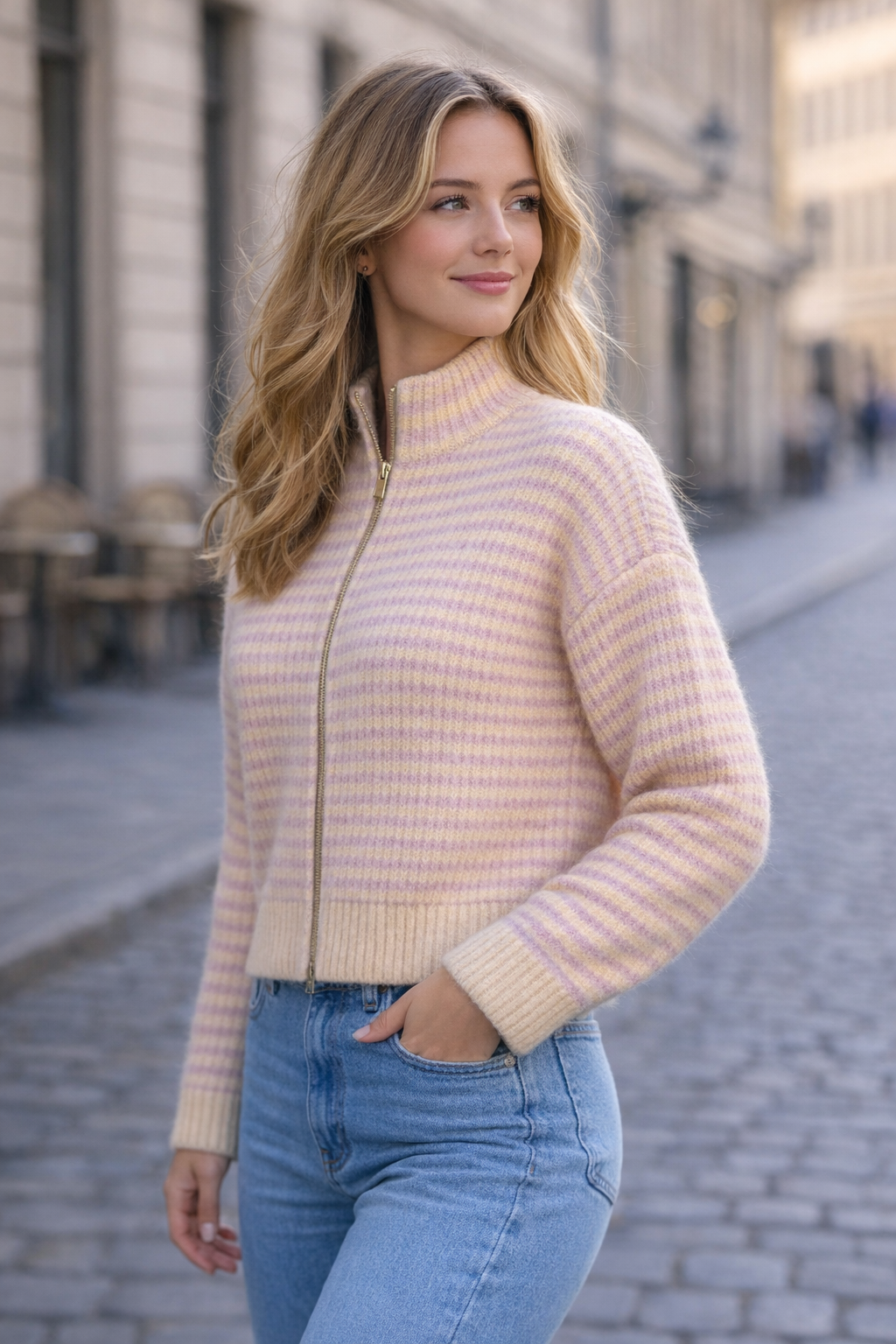 Gestreifter Strickcardigan mit Reißverschluss