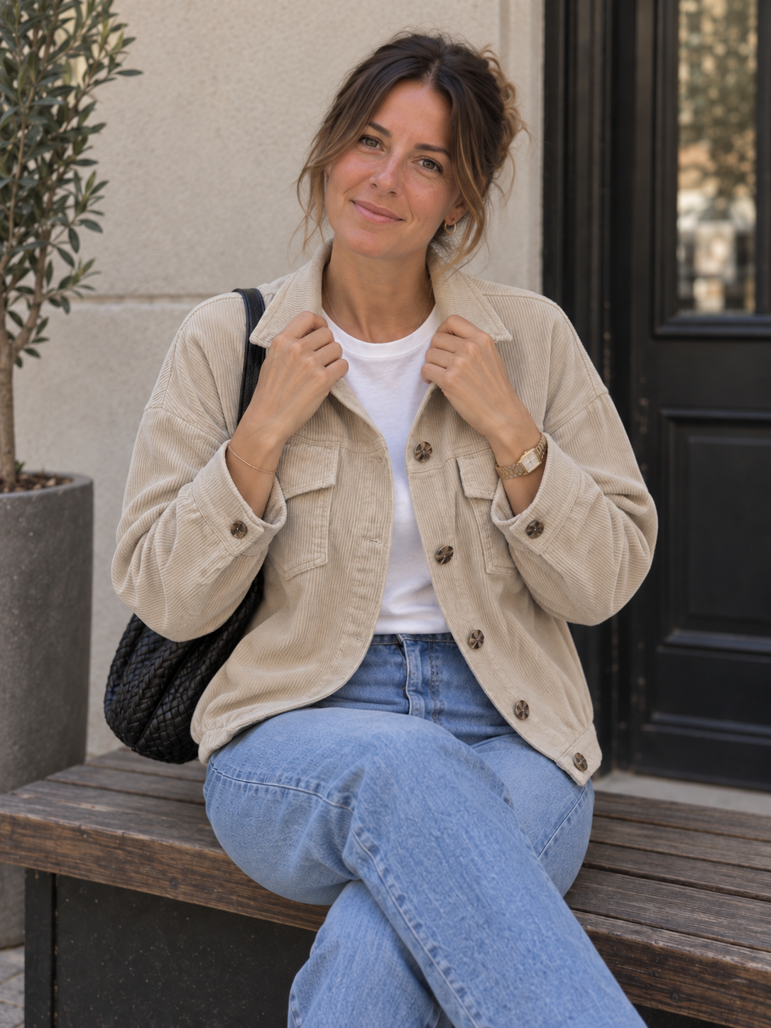 Beige Cordjacke im Sitzen, Blick zur Kamera