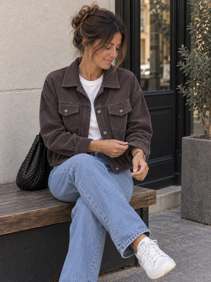 Cordjacke mit Brusttaschen in Dunkelbraun, sitzende Ansicht