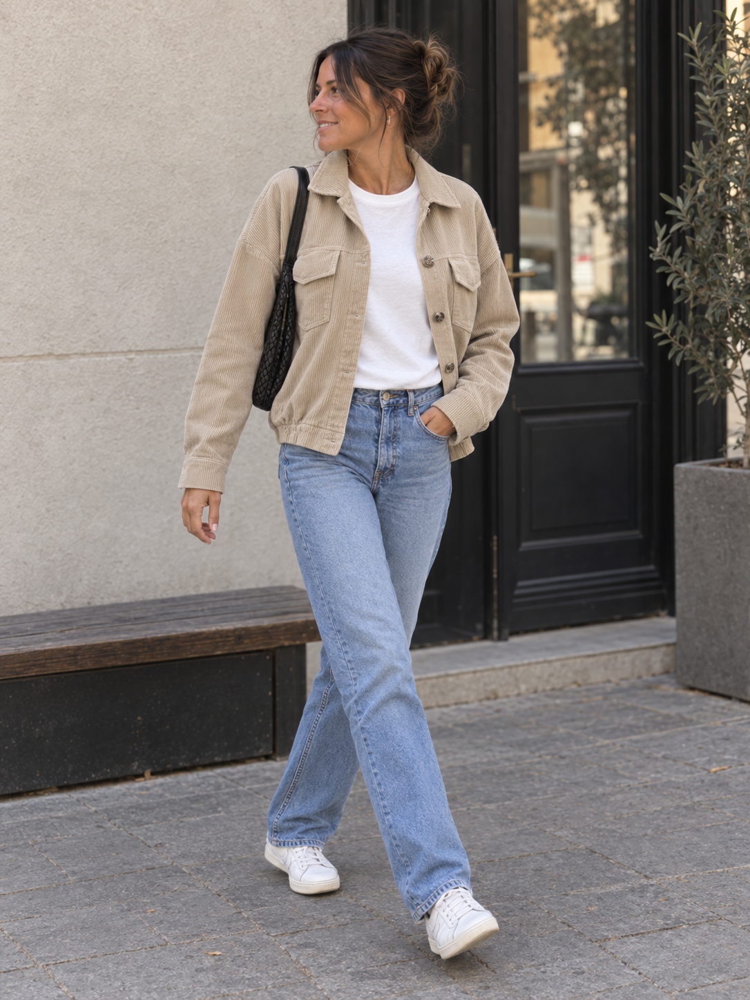 Cordjacke offen über weißem Top – Streetstyle