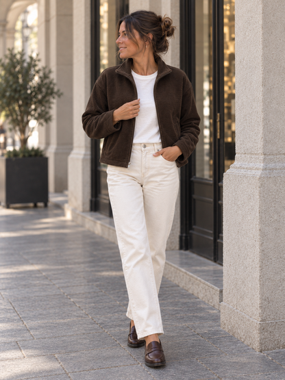 Dunkelbraune Damen Cordjacke offen getragen mit cremefarbener Hose