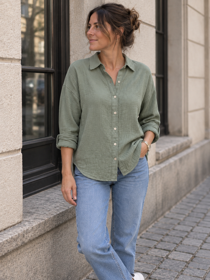 Musselin-Bluse aus Baumwolle in Khaki: Vorderansicht