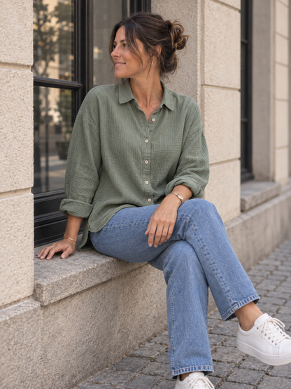 Musselin-Bluse aus Baumwolle in Khaki: weitere Perspektive