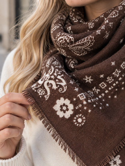 Brauner Paisley-Schal – Detail von Muster, Webstruktur und Fransen