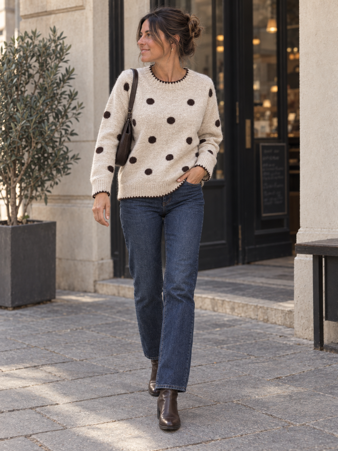Cremefarbener Damen Strickpullover mit braunen Punkten in einer City Szene