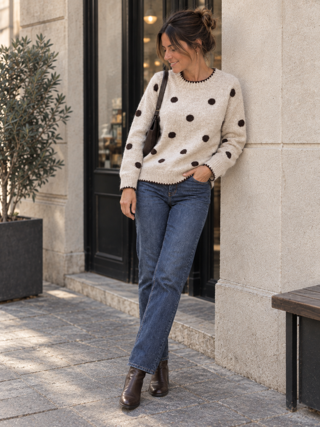 Creme brauner Punkte Pullover für Damen locker in der City getragen