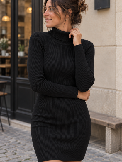 Rollkragenkleid aus Rippstrick in Schwarz: Detail von Material und Schnitt