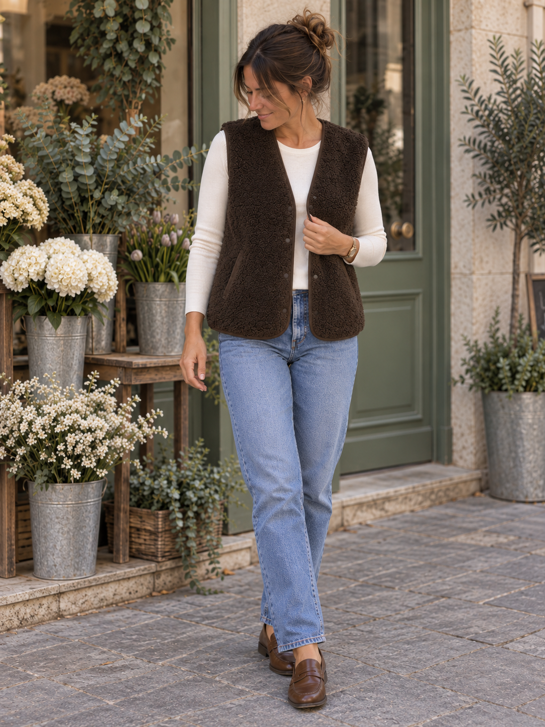 Dunkelbraune Teddy Weste für Damen offen getragen vor einem Blumenladen