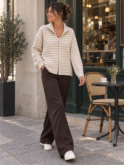 Gestreifte Damen Strickjacke mit Reißverschluss in Creme und Beige